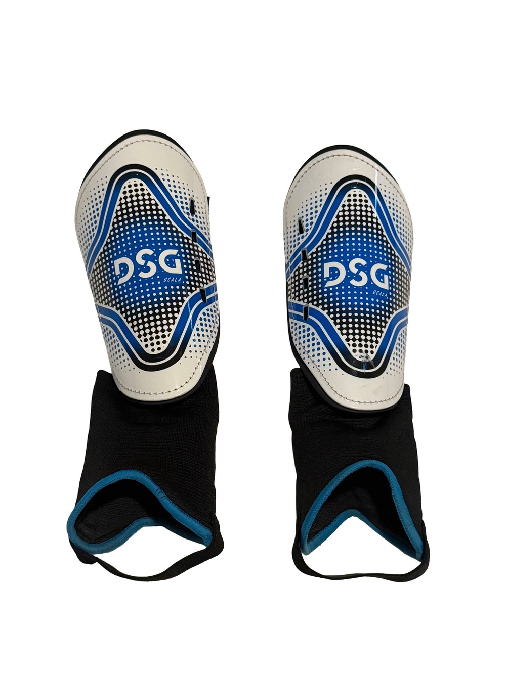 DSG Kids Blue and White Shin Guards with Ankle Sleeves‎